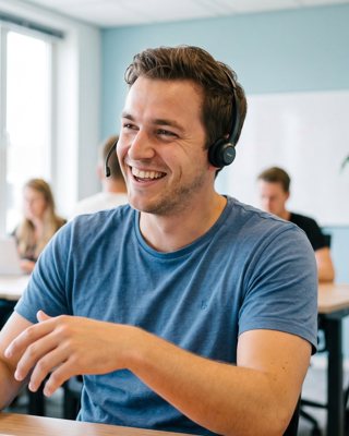 Lachende supportmedewerker met headset achter zijn laptop